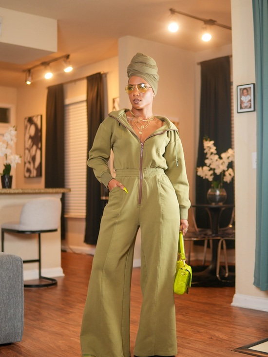 Pants - Olive Zip-Front Wide-Leg Jumpsuit